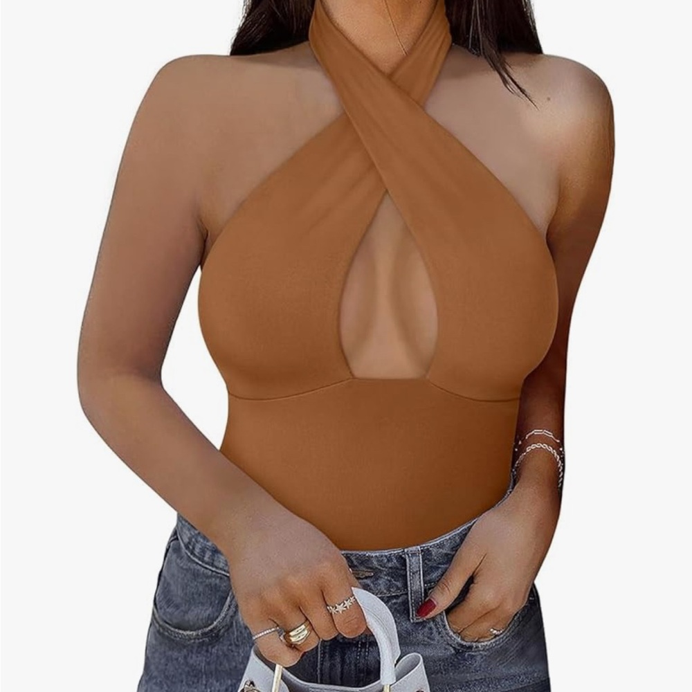 REORIA Women Trendy Halter V Neck Double Lined Sleeveless Slimming Bodysuit Sz L